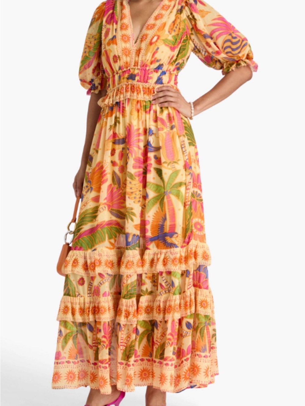 FARM RIO Tropical Print V-Neck Maxi Dress in Yellow - Picture 2 of 12